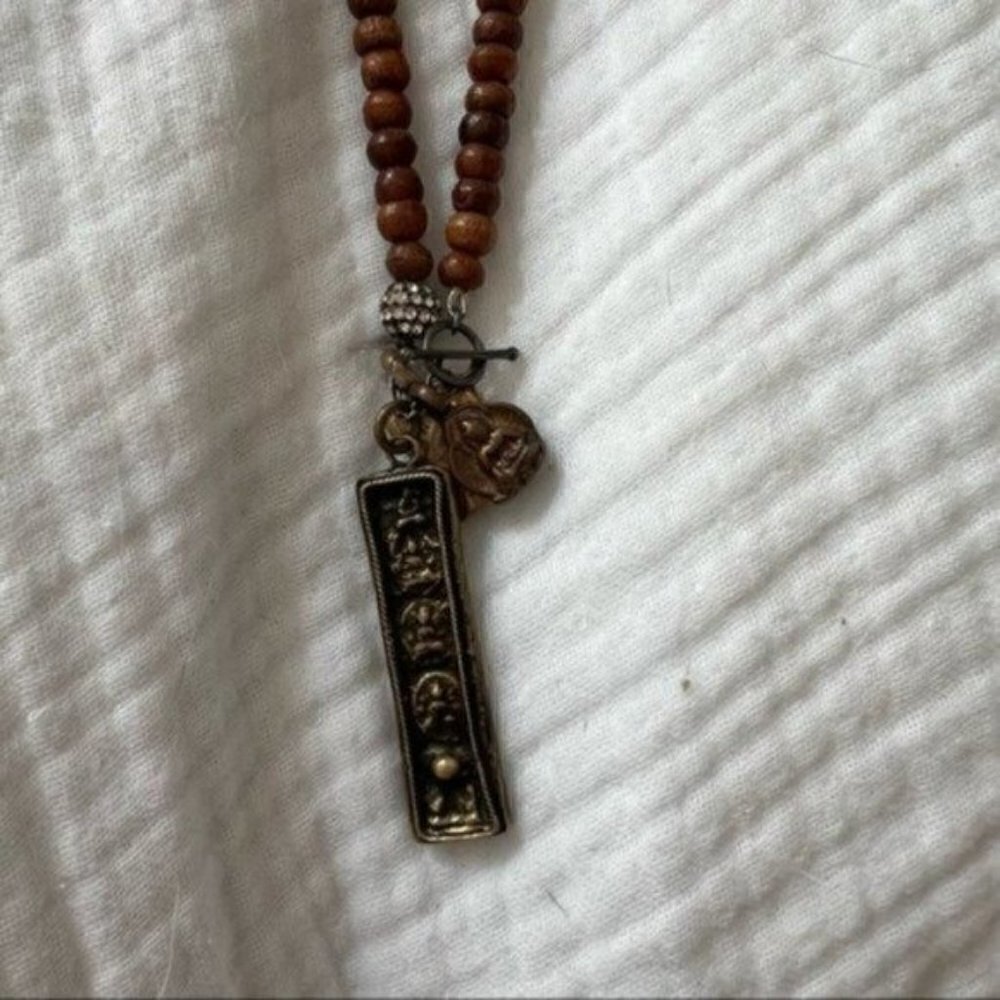 Wood Beaded Necklaces for Women with Gold Pendant - Gold Necklace for Women - Picture 2 of 7